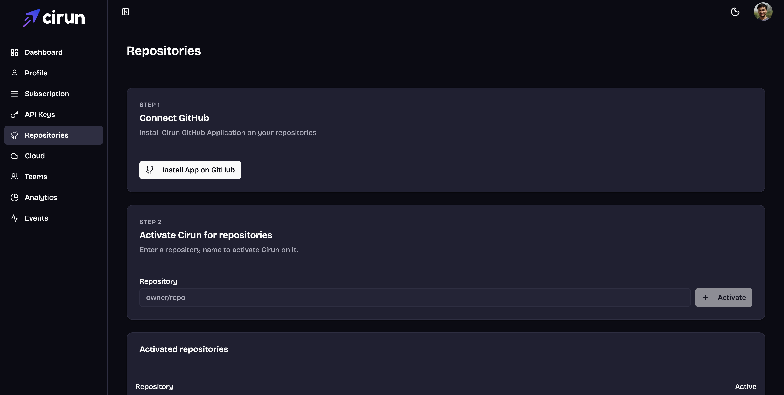 Cirun Dashboard